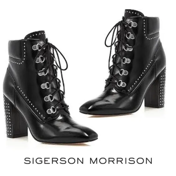 🆕 BNIB Sigerson Morrison | Valora Studded Lace Up Block Heel Booties | Black