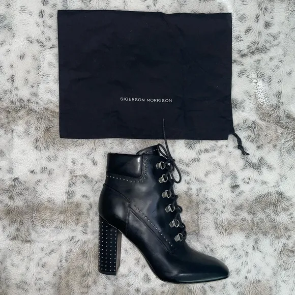 🆕 BNIB Sigerson Morrison | Valora Studded Lace Up Block Heel Booties | Black