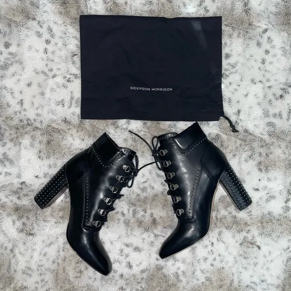 🆕 BNIB Sigerson Morrison | Valora Studded Lace Up Block Heel Booties | Black