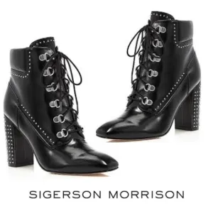 🆕 BNIB Sigerson Morrison | Valora Studded Lace Up Block Heel Booties | Black