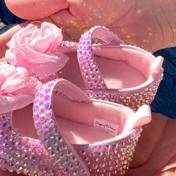 0-3M, 6-9M Pink Beige Rhinestone/Sparkle/Glam/Bling Baby Mary Jane Dress Shoes