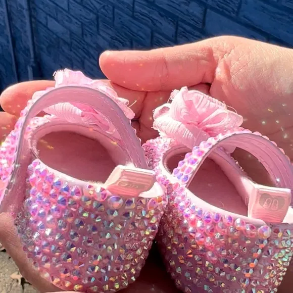 0-3M, 6-9M Pink Beige Rhinestone/Sparkle/Glam/Bling Baby Mary Jane Dress Shoes