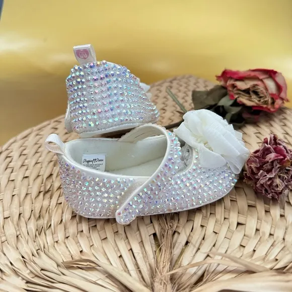 0-3M, 6-9M Pink Beige Rhinestone/Sparkle/Glam/Bling Baby Mary Jane Dress Shoes
