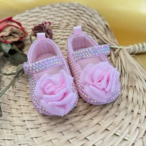 0-3M, 6-9M Pink Beige Rhinestone/Sparkle/Glam/Bling Baby Mary Jane Dress Shoes