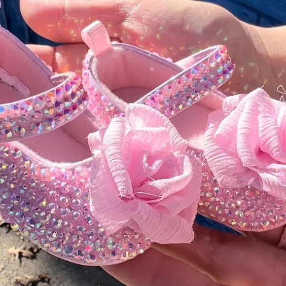 0-3M, 6-9M Pink Beige Rhinestone/Sparkle/Glam/Bling Baby Mary Jane Dress Shoes