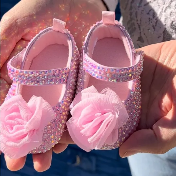 0-3M, 6-9M Pink Beige Rhinestone/Sparkle/Glam/Bling Baby Mary Jane Dress Shoes