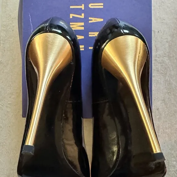 12 Stuart Weitzman Elegant Black Patent &amp; Gold Stiletto Heels