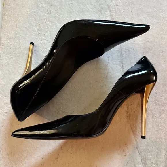 12 Stuart Weitzman Elegant Black Patent &amp; Gold Stiletto Heels