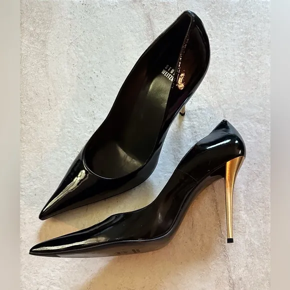 12 Stuart Weitzman Elegant Black Patent &amp; Gold Stiletto Heels