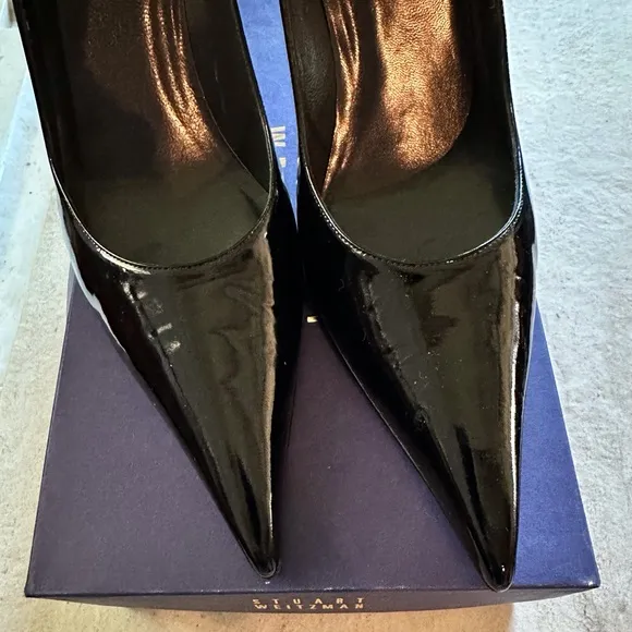 12 Stuart Weitzman Elegant Black Patent &amp; Gold Stiletto Heels