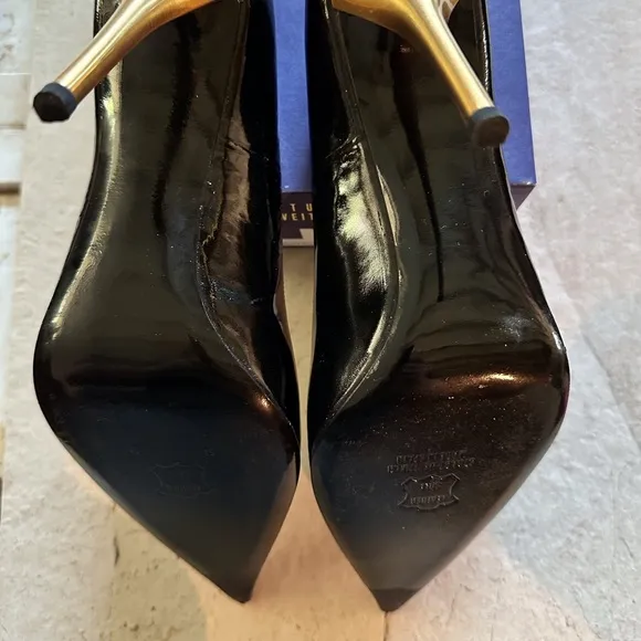 12 Stuart Weitzman Elegant Black Patent &amp; Gold Stiletto Heels