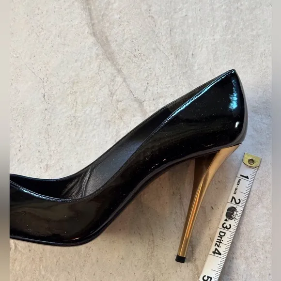 12 Stuart Weitzman Elegant Black Patent &amp; Gold Stiletto Heels