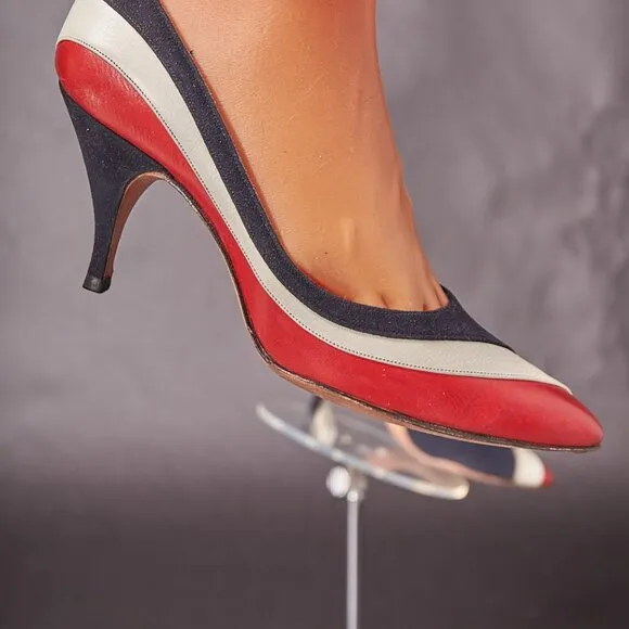 1950s Larose Red White Blue High Heels Pumps