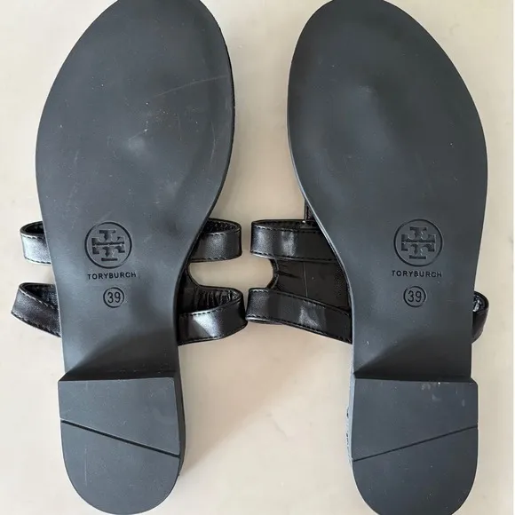 $298 *NWOB* TORY BURCH Rhinestone Thong Sandals Black Leather Flats SIZE 39; 8.5