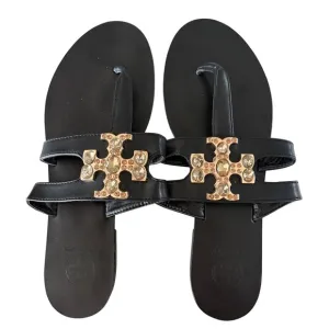 $298 *NWOB* TORY BURCH Rhinestone Thong Sandals Black Leather Flats SIZE 39; 8.5