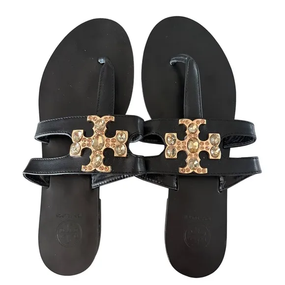 $298 *NWOB* TORY BURCH Rhinestone Thong Sandals Black Leather Flats SIZE 39; 8.5