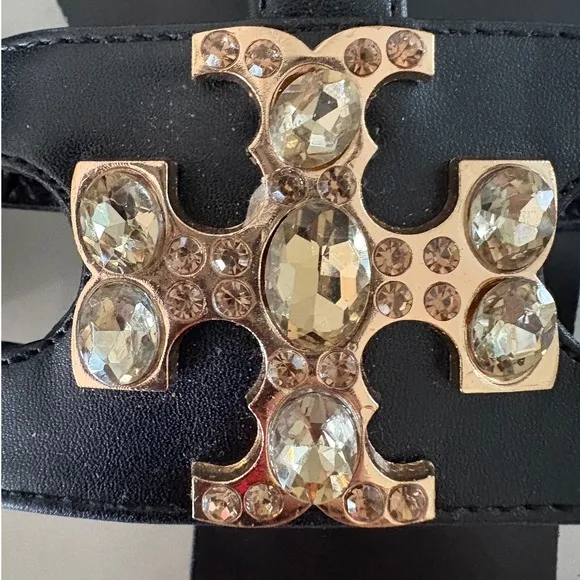 $298 *NWOB* TORY BURCH Rhinestone Thong Sandals Black Leather Flats SIZE 39; 8.5