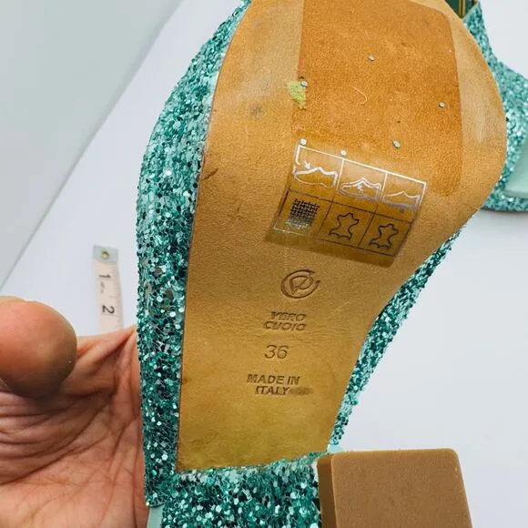3.1 PHILLIP LIM turquoise glitter Party Platform Sandals size 35 / US 5