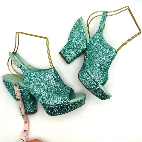 3.1 PHILLIP LIM turquoise glitter Party Platform Sandals size 35 / US 5