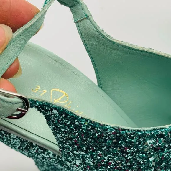 3.1 PHILLIP LIM turquoise glitter Party Platform Sandals size 35 / US 5