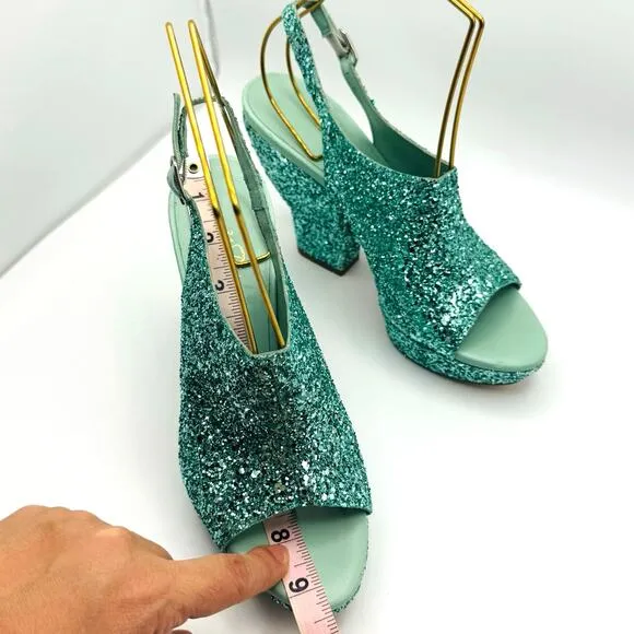 3.1 PHILLIP LIM turquoise glitter Party Platform Sandals size 35 / US 5