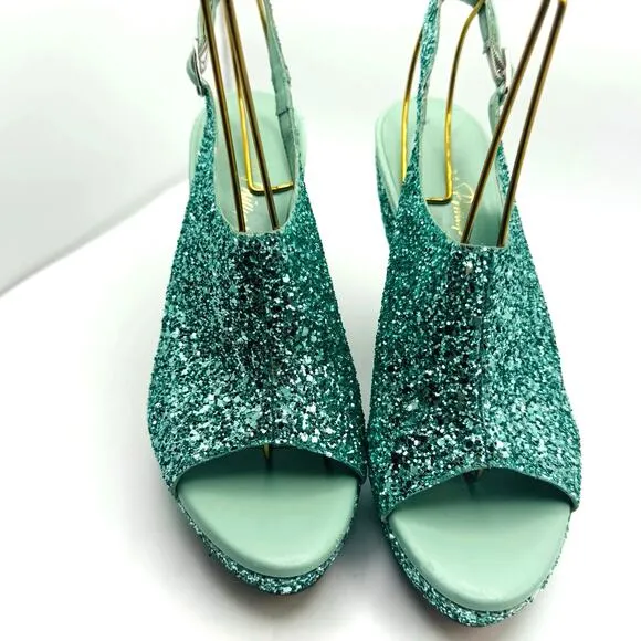 3.1 PHILLIP LIM turquoise glitter Party Platform Sandals size 35 / US 5