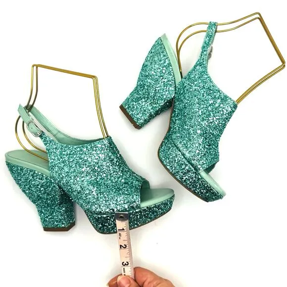3.1 PHILLIP LIM turquoise glitter Party Platform Sandals size 35 / US 5