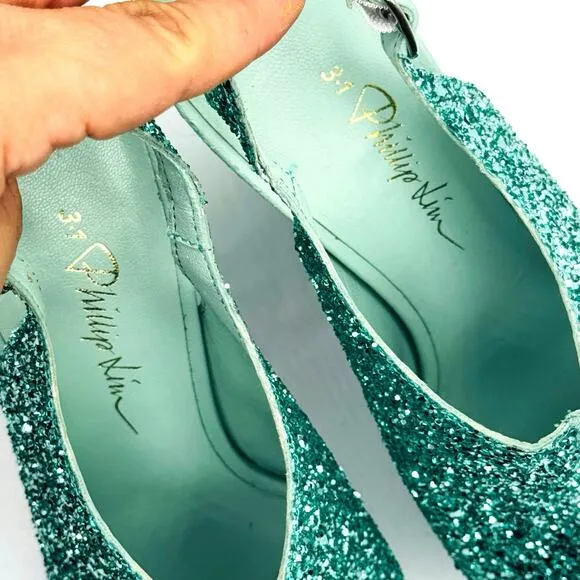 3.1 PHILLIP LIM turquoise glitter Party Platform Sandals size 35 / US 5