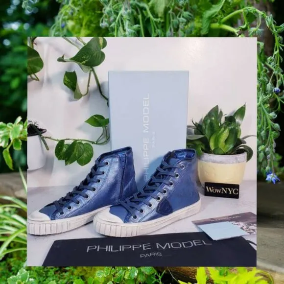 $495 NWT PHILIPPE MODEL Paris High Top Sneakers 7 shoes Blue black shiny