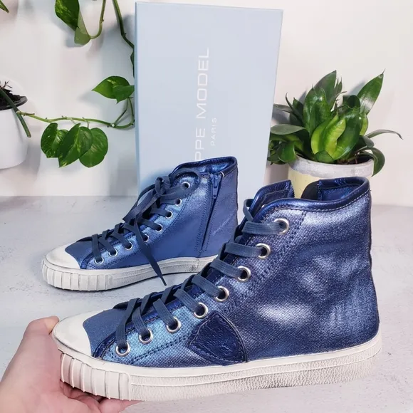 $495 NWT PHILIPPE MODEL Paris High Top Sneakers 7 shoes Blue black shiny