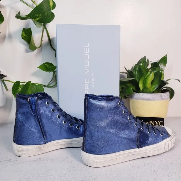 $495 NWT PHILIPPE MODEL Paris High Top Sneakers 7 shoes Blue black shiny