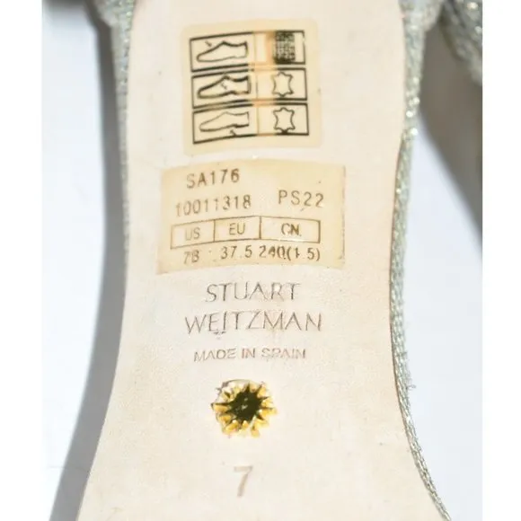 $500 STUART WEITZMAN Nudistcurve 4&quot; Ankle Strap Sandal SILVER CRYSTAL 7 (DA9)