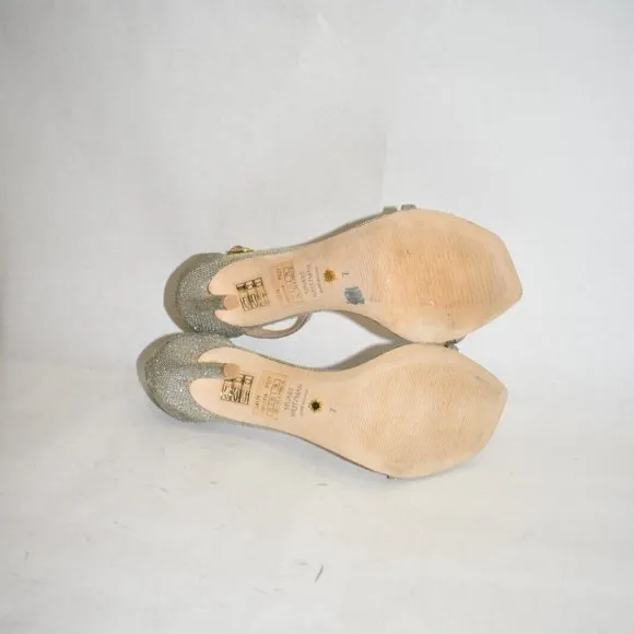 $500 STUART WEITZMAN Nudistcurve 4&quot; Ankle Strap Sandal SILVER CRYSTAL 7 (DA9)