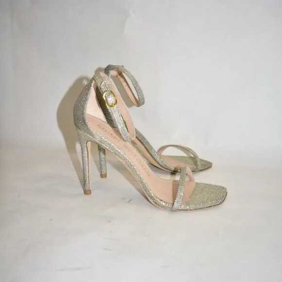 $500 STUART WEITZMAN Nudistcurve 4&quot; Ankle Strap Sandal SILVER CRYSTAL 7 (DA9)