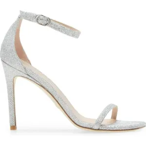 $500 STUART WEITZMAN Nudistcurve 4&quot; Ankle Strap Sandal SILVER CRYSTAL 7 (DA9)