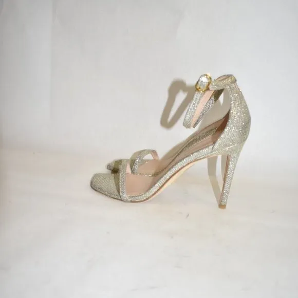 $500 STUART WEITZMAN Nudistcurve 4&quot; Ankle Strap Sandal SILVER CRYSTAL 7 (DA9)