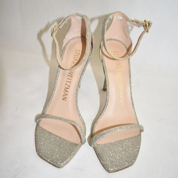 $500 STUART WEITZMAN Nudistcurve 4&quot; Ankle Strap Sandal SILVER CRYSTAL 7 (DA9)