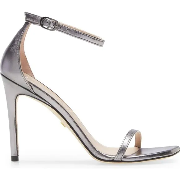 $500 STUART WEITZMAN Nudistcurve Ankle Strap Sandal GUNMETAL 7.5  (D4)