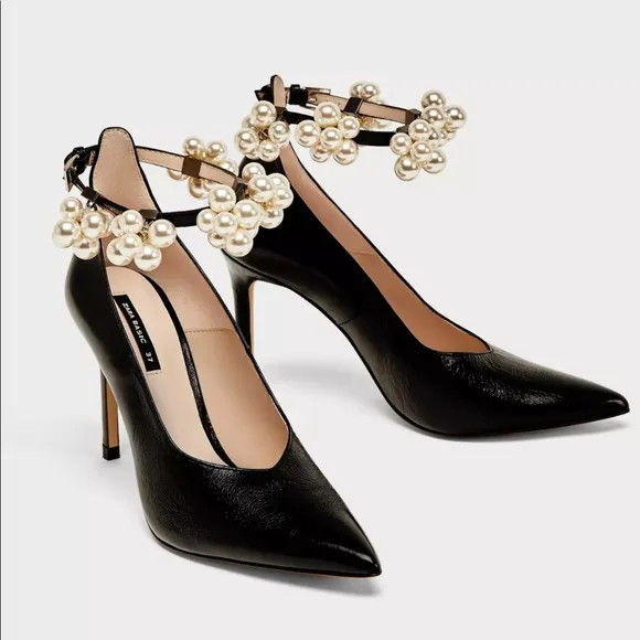 6230/201 ZARA Leather Rhinestone Pearl Pumps
