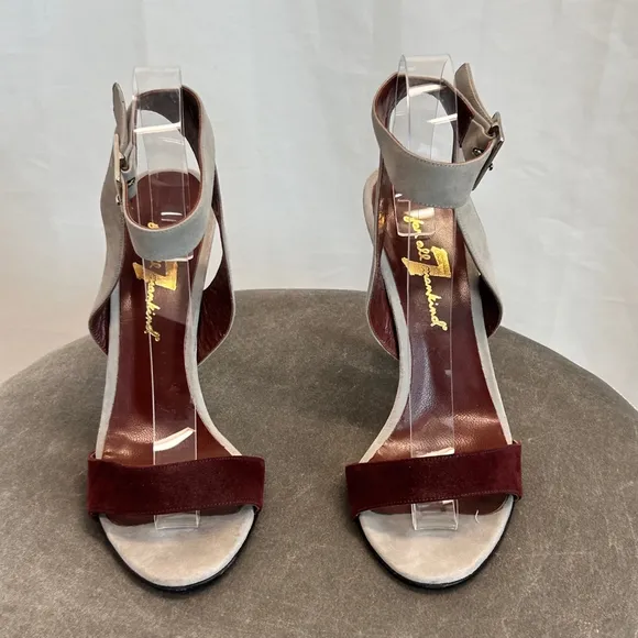 7 For All Mankind gray burgundy suede strappy high heel sandals Sz 37