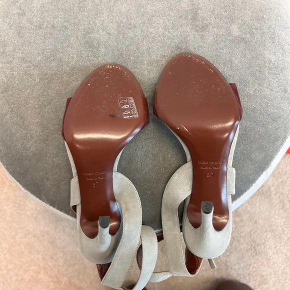 7 For All Mankind gray burgundy suede strappy high heel sandals Sz 37