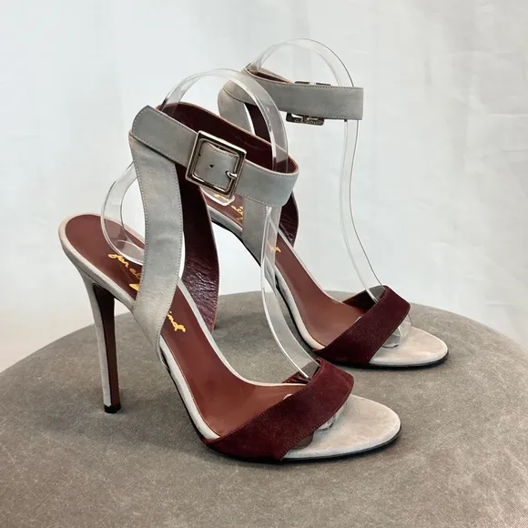 7 For All Mankind gray burgundy suede strappy high heel sandals Sz 37