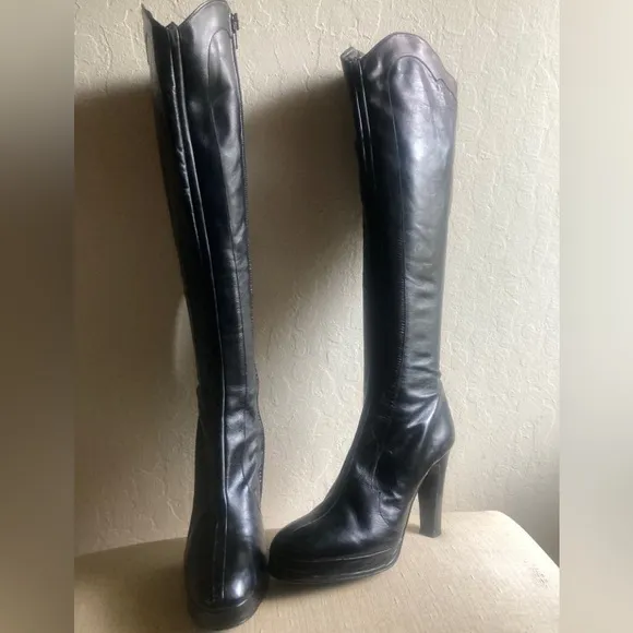 70’s Platform Boots 6.5 Stevie Nicks glam rock knee black leather 60s gogo shoes