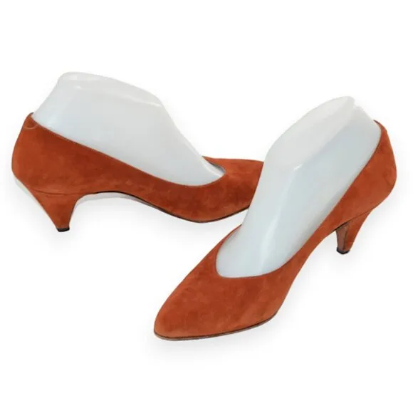 80's Rangoni Italian Leather Suede Copper Rust Burnt Orange Pumps Cone Heels 7