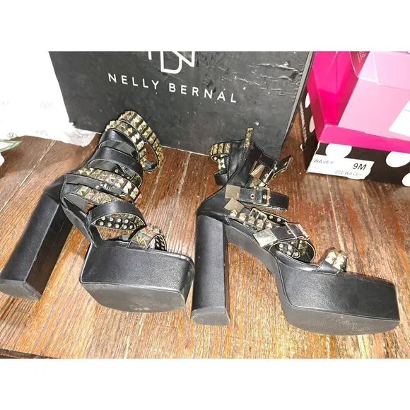 9-9.5 Nelly Bernal Black Keila Strappy Platform Stiletto High Heel Shoes Boots