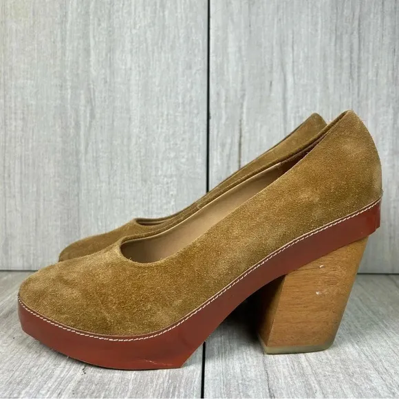 A Detacher Taupe Suede Leather Block Heel Pumps Heeled Shoes Womens Size 8