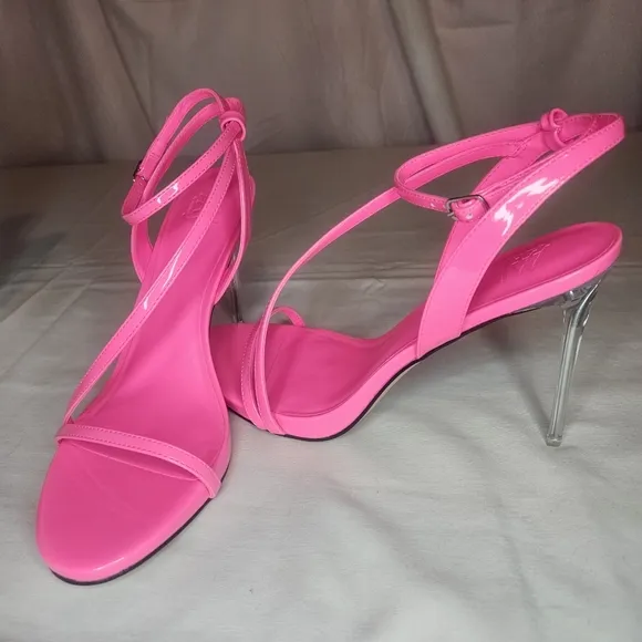 AAJ By Aminah Zayn Lucite Heel Asymmetrical Strap Dress Sandals - Neno Pink $150