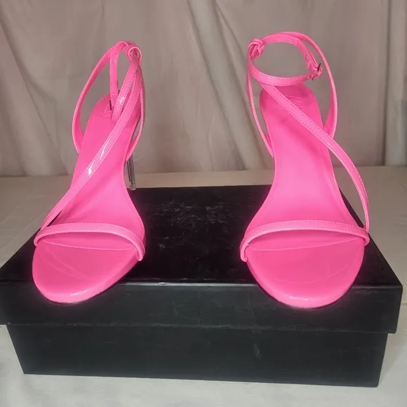 AAJ By Aminah Zayn Lucite Heel Asymmetrical Strap Dress Sandals - Neno Pink $150