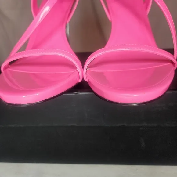 AAJ By Aminah Zayn Lucite Heel Asymmetrical Strap Dress Sandals - Neno Pink $150