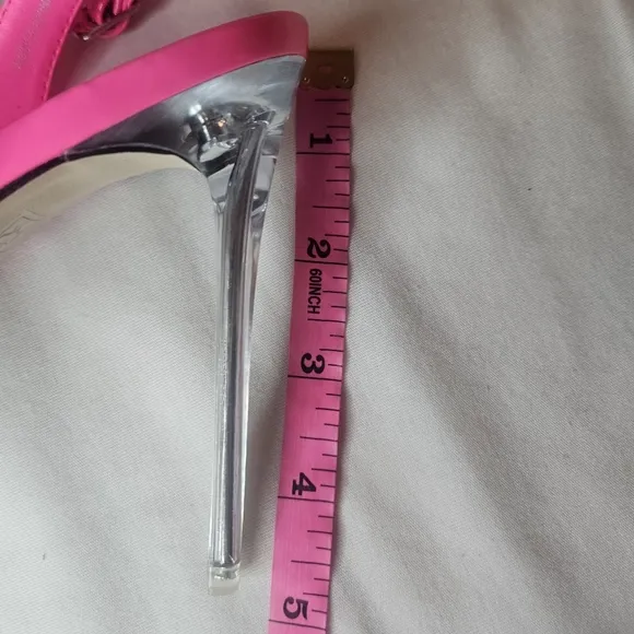 AAJ By Aminah Zayn Lucite Heel Asymmetrical Strap Dress Sandals - Neno Pink $150